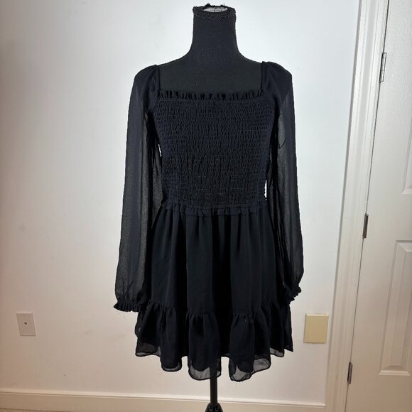1.State Chiffon Smocked Long‎ Sleeve Mini Dress in Black - Size M - NWT - Picture 1 of 8